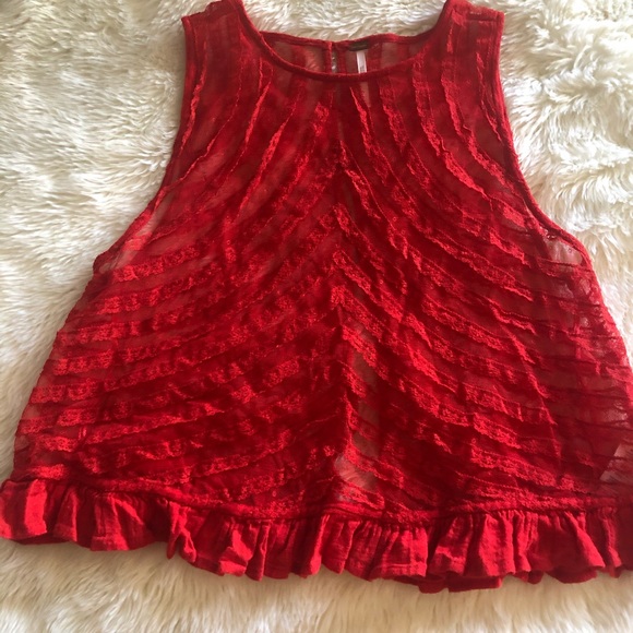 Free People She's a Doll Sheer Red Lace Crop Top. - Picture 7 of 9
